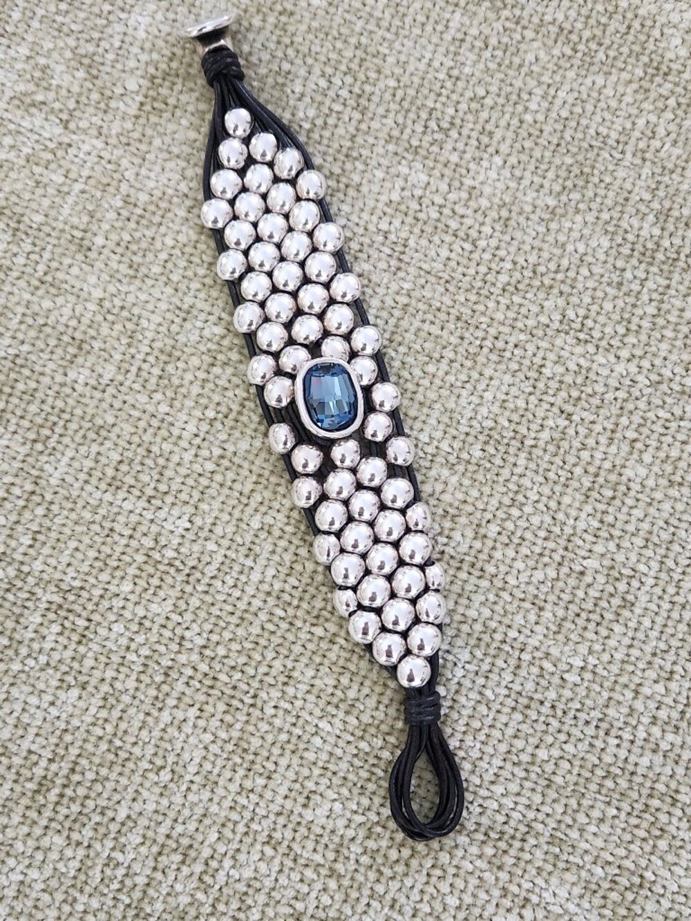 Uno de 50 Leather and Silver Bracelet with remarkable Centered Blue Stone